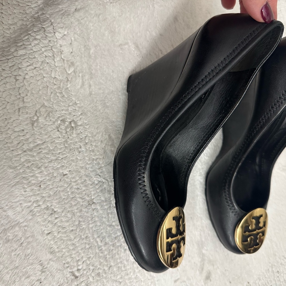 Tory Burch Black Wedges with Gold Emblem